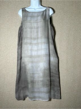 Eileen Fisher Silk Dress Womens Medium Gray Designer Sleeveless Lined Shift